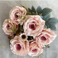 Huitich artificial roses bouquet home decoration with soft pink petals and green leaves