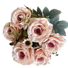 Huitich artificial roses bouquet home decoration with soft pink roses and green leaves