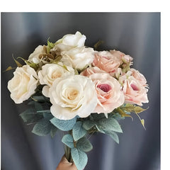 Huitich artificial roses bouquet home decoration with white and light pink roses and green leaves