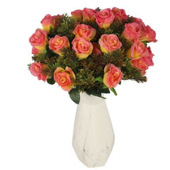 Huitich artificial roses bouquet with pink and yellow roses in a white marble vase