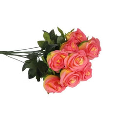Huitich artificial roses bouquet with vibrant pink and yellow petals and green leaves