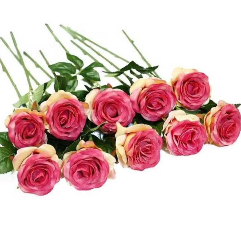 Huitich artificial roses bouquet with pink and cream detailed petals and green leaves
