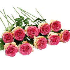 Huitich artificial roses bouquet with pink and cream detailed petals and green leaves