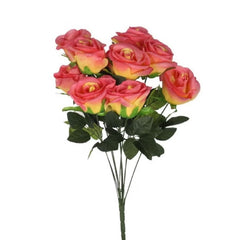 Huitich artificial roses bouquet with pink and yellow blooms and green leaves for decoration
