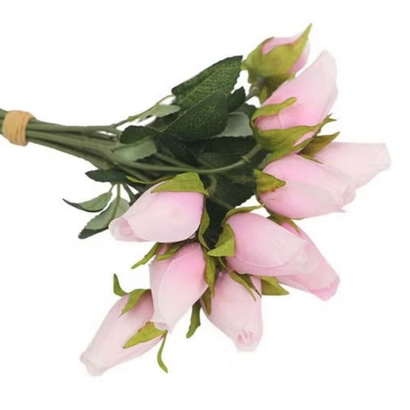Huitich artificial silk tulip flowers in soft pink with green leaves, decorative bouquet