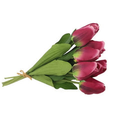 Huitich artificial tulip flowers pink bouquet with green leaves realistic silk petals