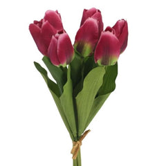 Huitich artificial tulip flowers pink bouquet with green leaves and realistic petals