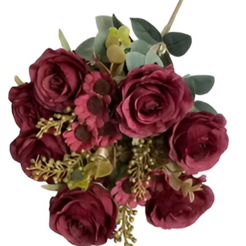 Huitich artificial wedding bouquet dark red with realistic roses and green foliage