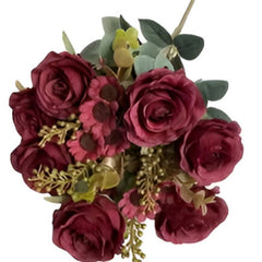 Huitich artificial wedding bouquet dark red with realistic roses and green foliage