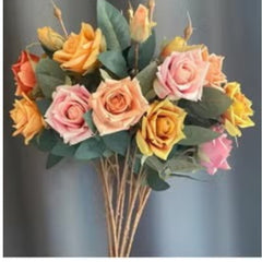 Huitich artificial wedding rose bouquet with pink yellow and orange roses and green leaves
