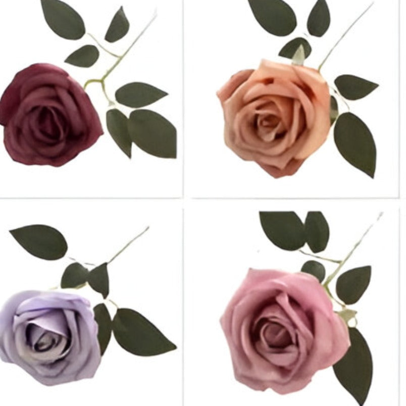 Huitich artificial wedding roses in burgundy, peach, purple, and pink with green leaves