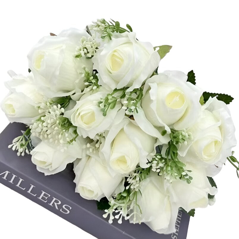 Huitich artificial white flower arrangement featuring realistic white roses with green leaves
