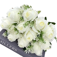Huitich artificial white flower arrangement featuring realistic white roses with green leaves