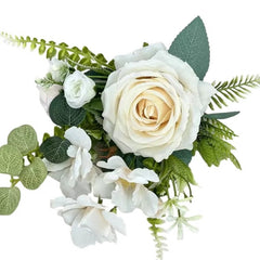 Huitich artificial white flower decor bouquet with realistic white roses and green leaves
