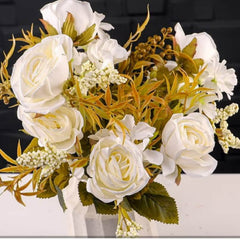 Huitich artificial white rose bouquet with realistic white roses and green foliage in a vase