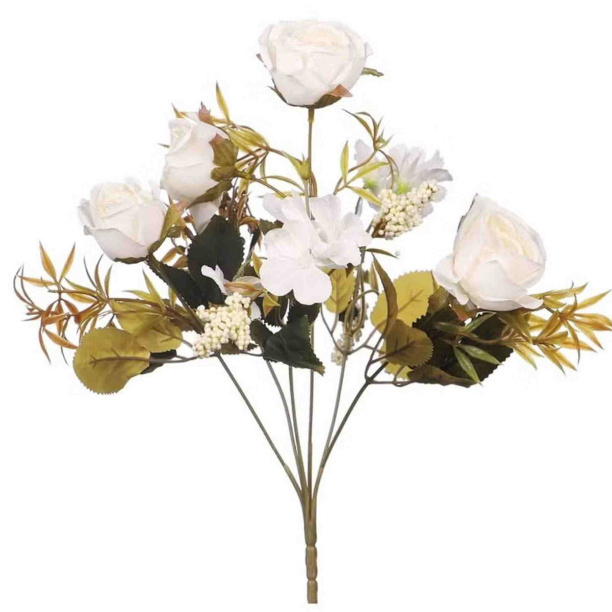 Huitich artificial white rose bouquet with green leaves and small white accent flowers