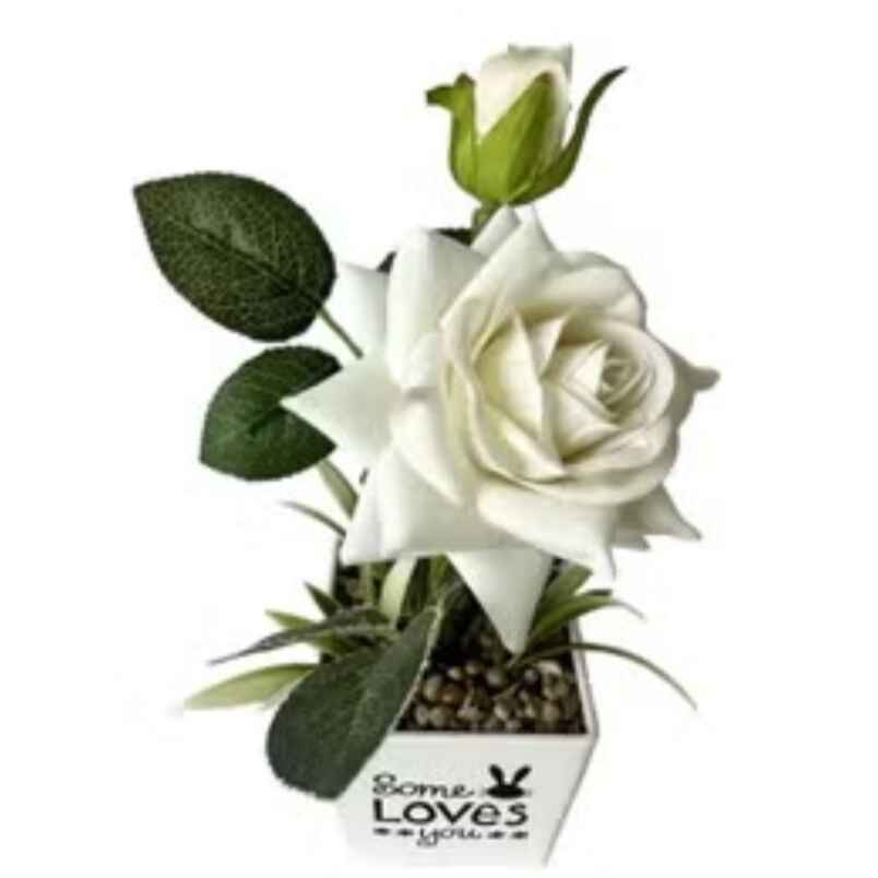 Huitich artificial white rose potted plant with green leaves in a white square pot