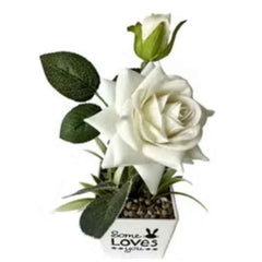 Huitich artificial white rose potted plant with green leaves in a white square pot