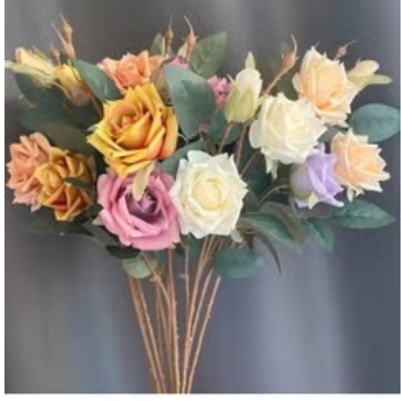 Huitich artificial white rose wedding decor mixed bouquet with pastel yellow pink and purple roses