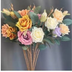 Huitich artificial white rose wedding decor mixed bouquet with pastel yellow pink and purple roses