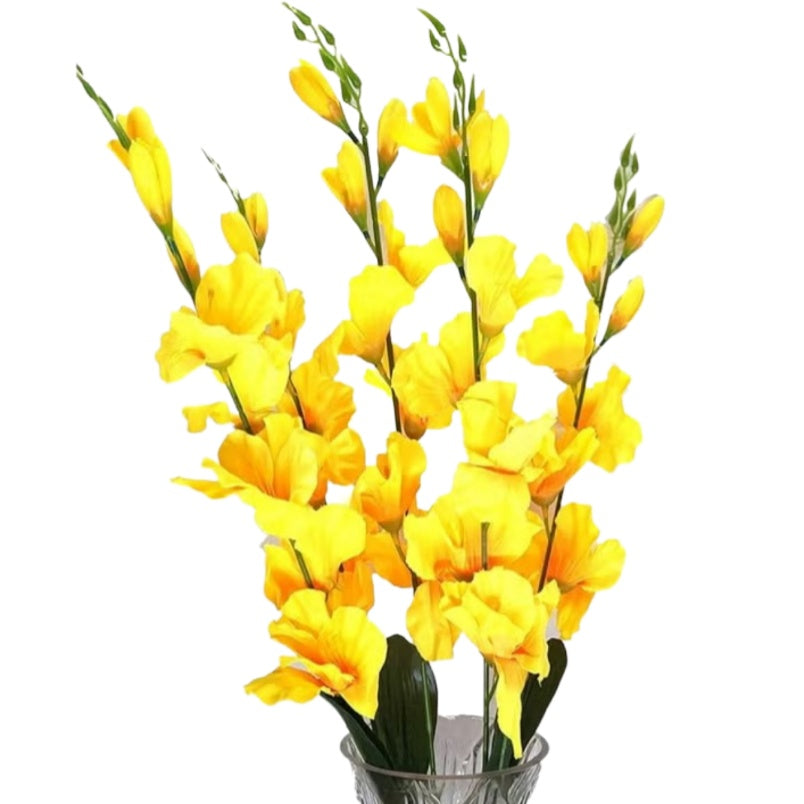 Huitich artificial yellow dendrobium flowers with vibrant petals arranged in clear vase