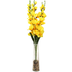 Huitich artificial yellow dendrobium flowers arranged in tall clear glass vase with stones