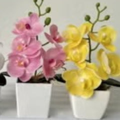 Huitich artificial yellow orchid bonsai in a white square pot with vibrant yellow blooms