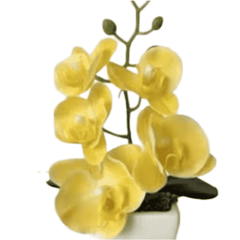 Huitich artificial yellow orchid bonsai in white pot with vibrant yellow flowers and green leaves