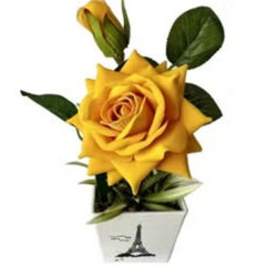 Huitich artificial yellow rose potted plant in white pot with Eiffel Tower design
