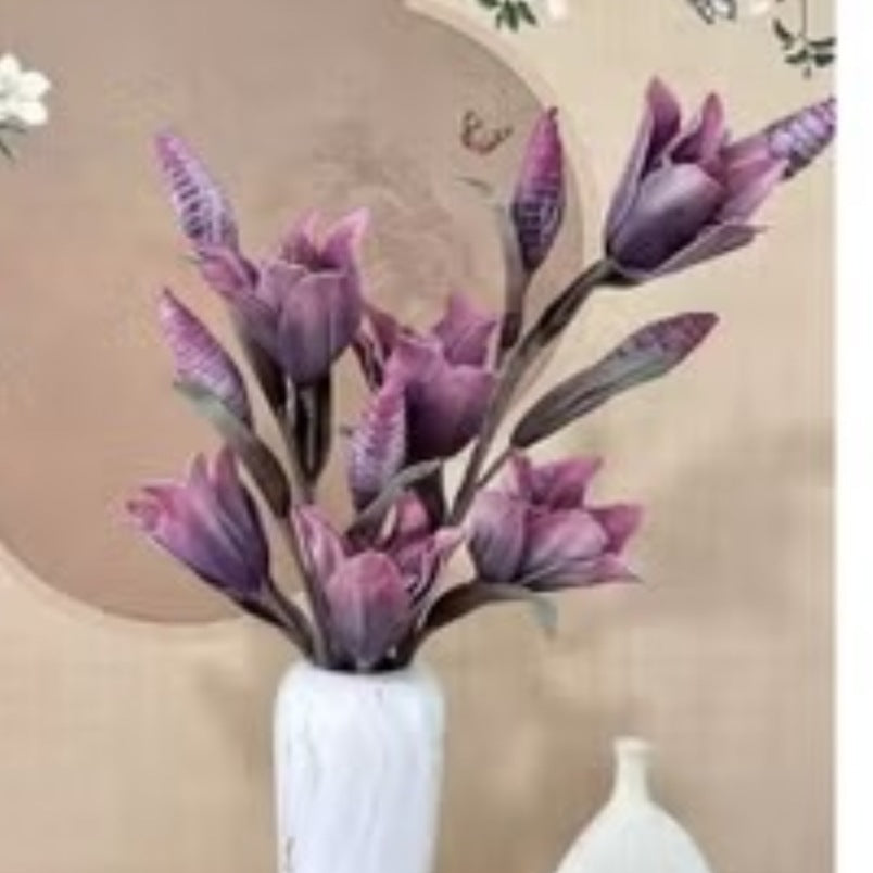 Huitich purple flower bouquet in white vase not matching blue flower decor for home