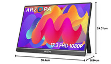 17.3-inch FHD portable monitor with visible width and height dimensions on black frame