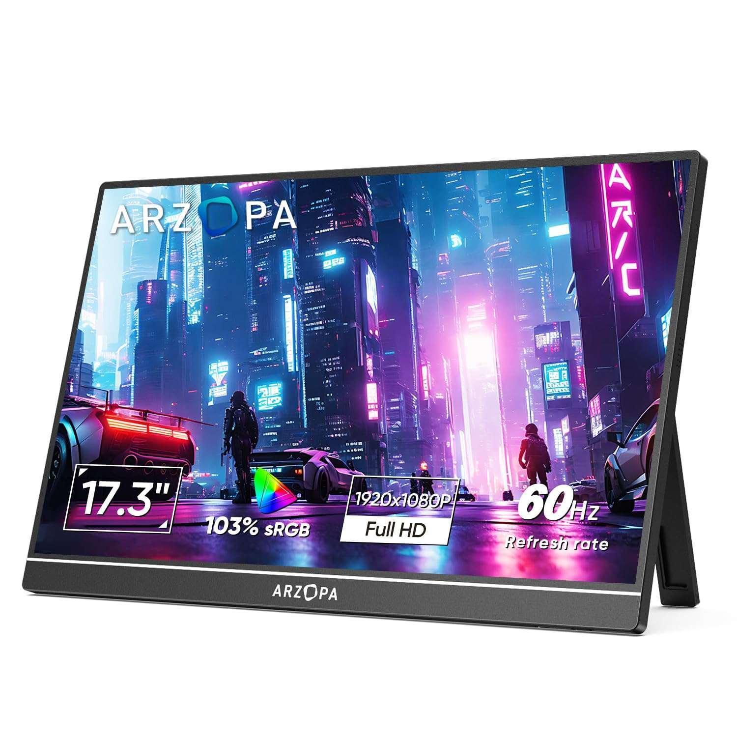 17.3-inch portable monitor showing Full HD 1080p 60Hz on a black frame
