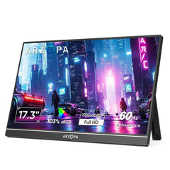 17.3-inch portable monitor showing Full HD 1080p 60Hz on a black frame