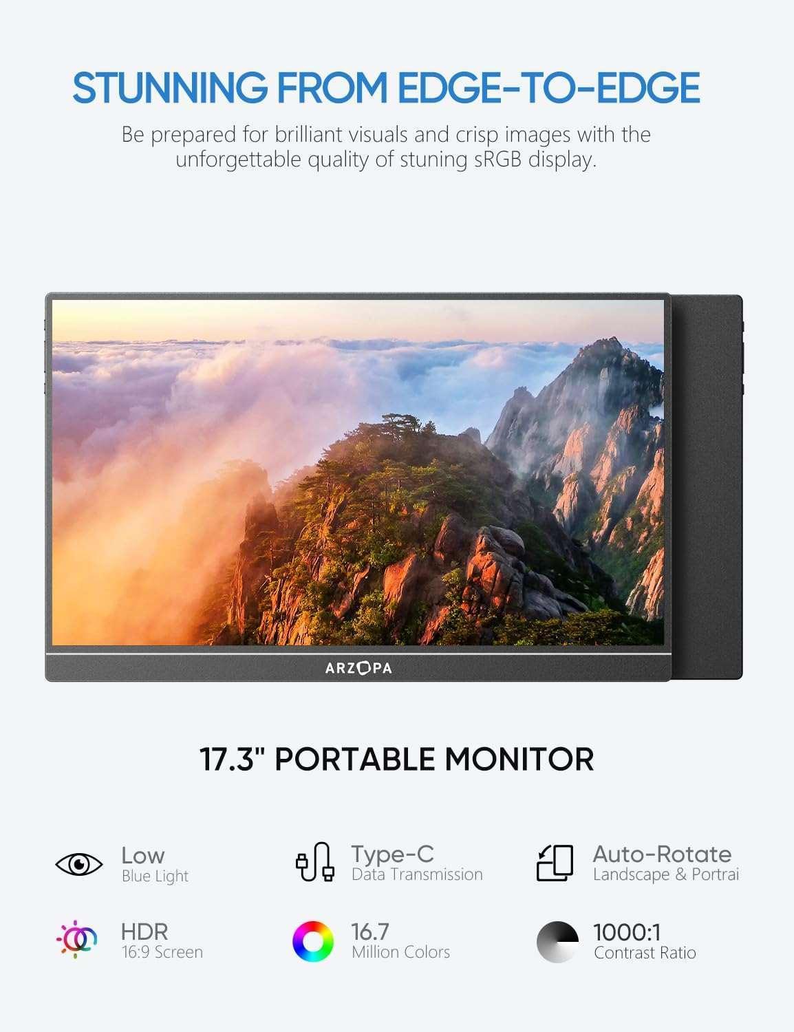 17.3-inch edge-to-edge portable monitor with black frame and landscape display