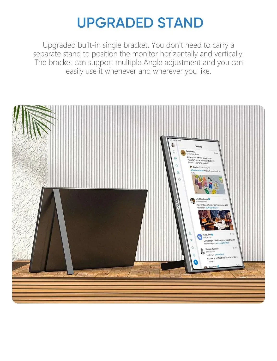 Portable monitor with adjustable stand holding a slim black screen at an angle