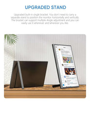 Portable monitor with adjustable stand holding a slim black screen at an angle
