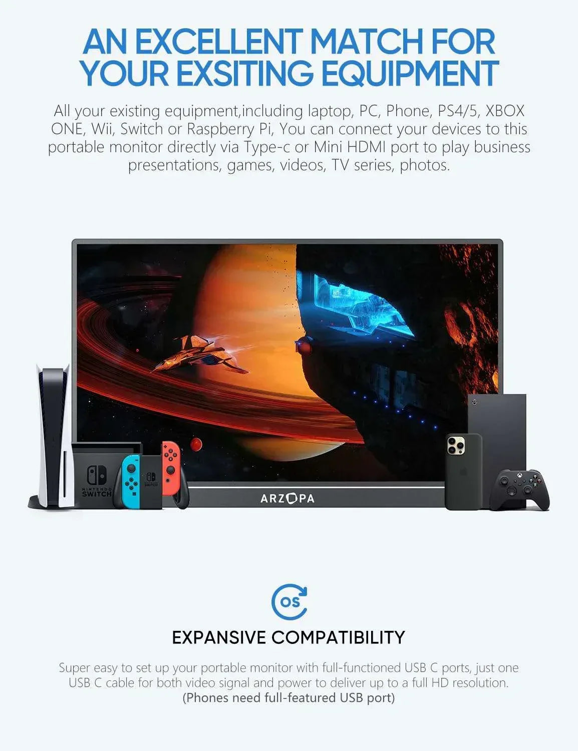 Portable monitor with slim black bezel shown alongside gaming controllers and phone