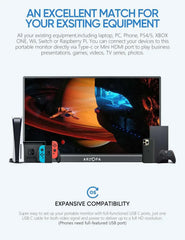 Portable monitor with slim black bezel shown alongside gaming controllers and phone