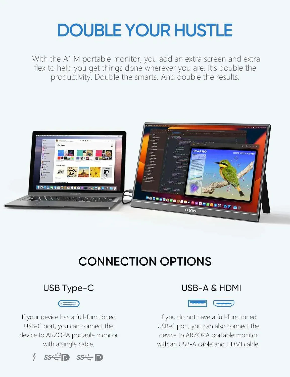 Portable dual-screen monitor setup with two slim black displays on folding stands
