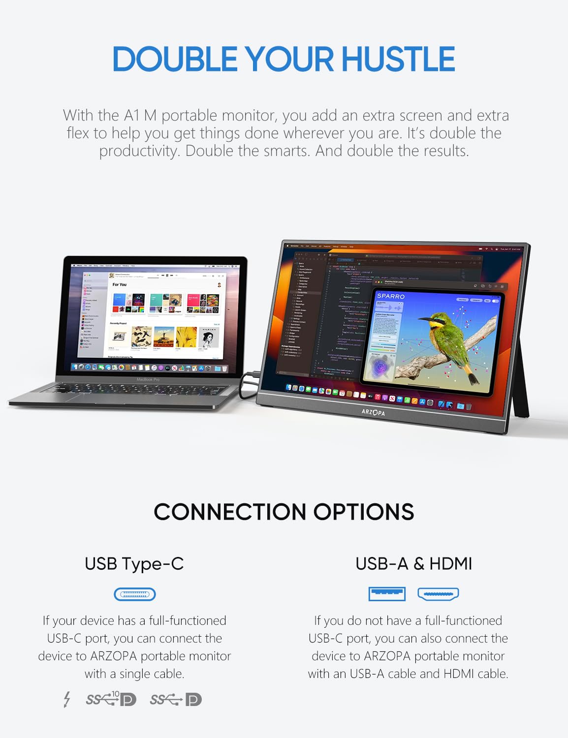 ARZOPA portable monitor for laptop connected via USB Type-C and USB-A HDMI cables showing dual screen setup