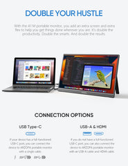 ARZOPA portable monitor for laptop connected via USB Type-C and USB-A HDMI cables showing dual screen setup