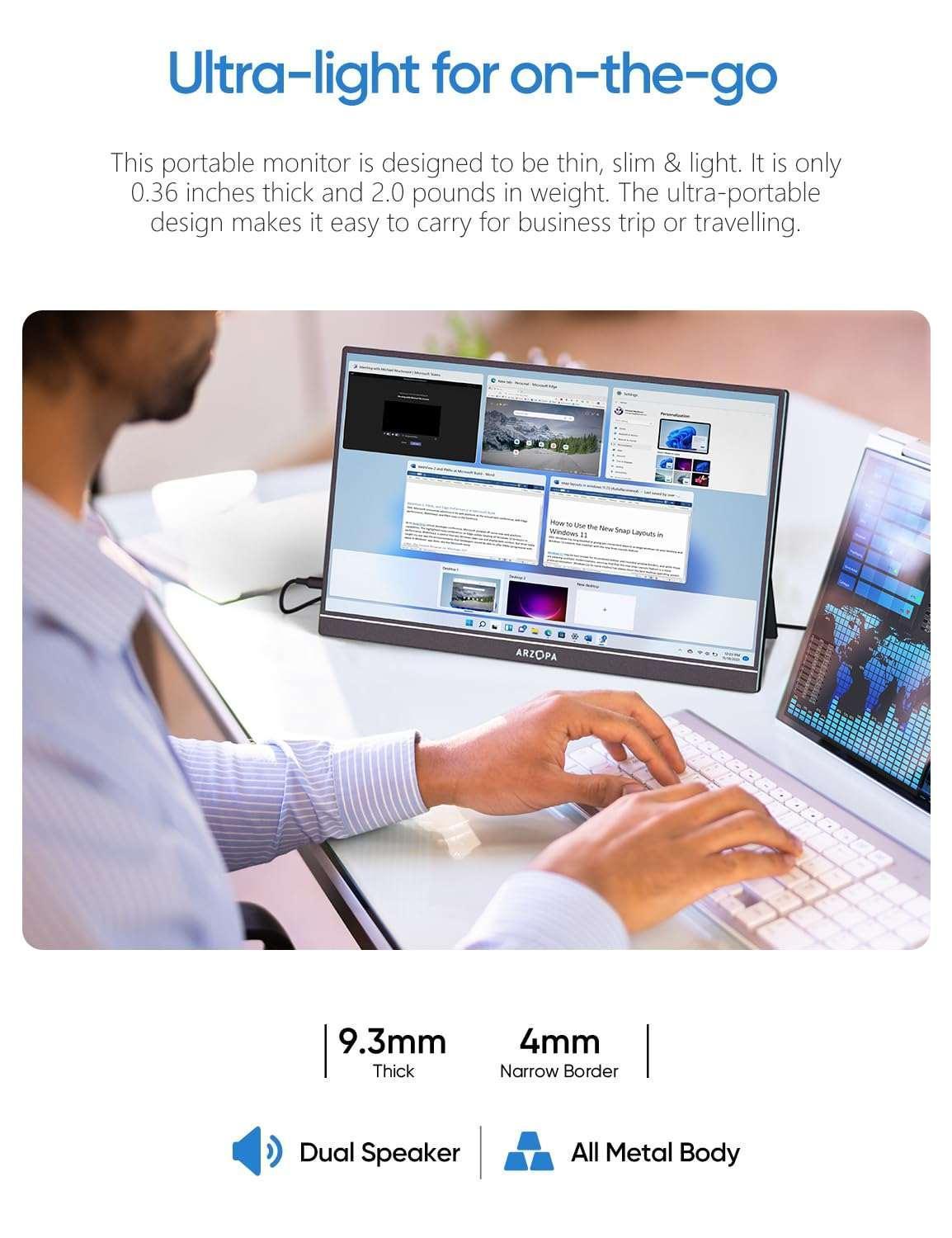Ultralight portable monitor with black frame and slim profile with dual-speaker icon