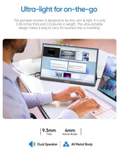 Ultralight portable monitor with black frame and slim profile with dual-speaker icon