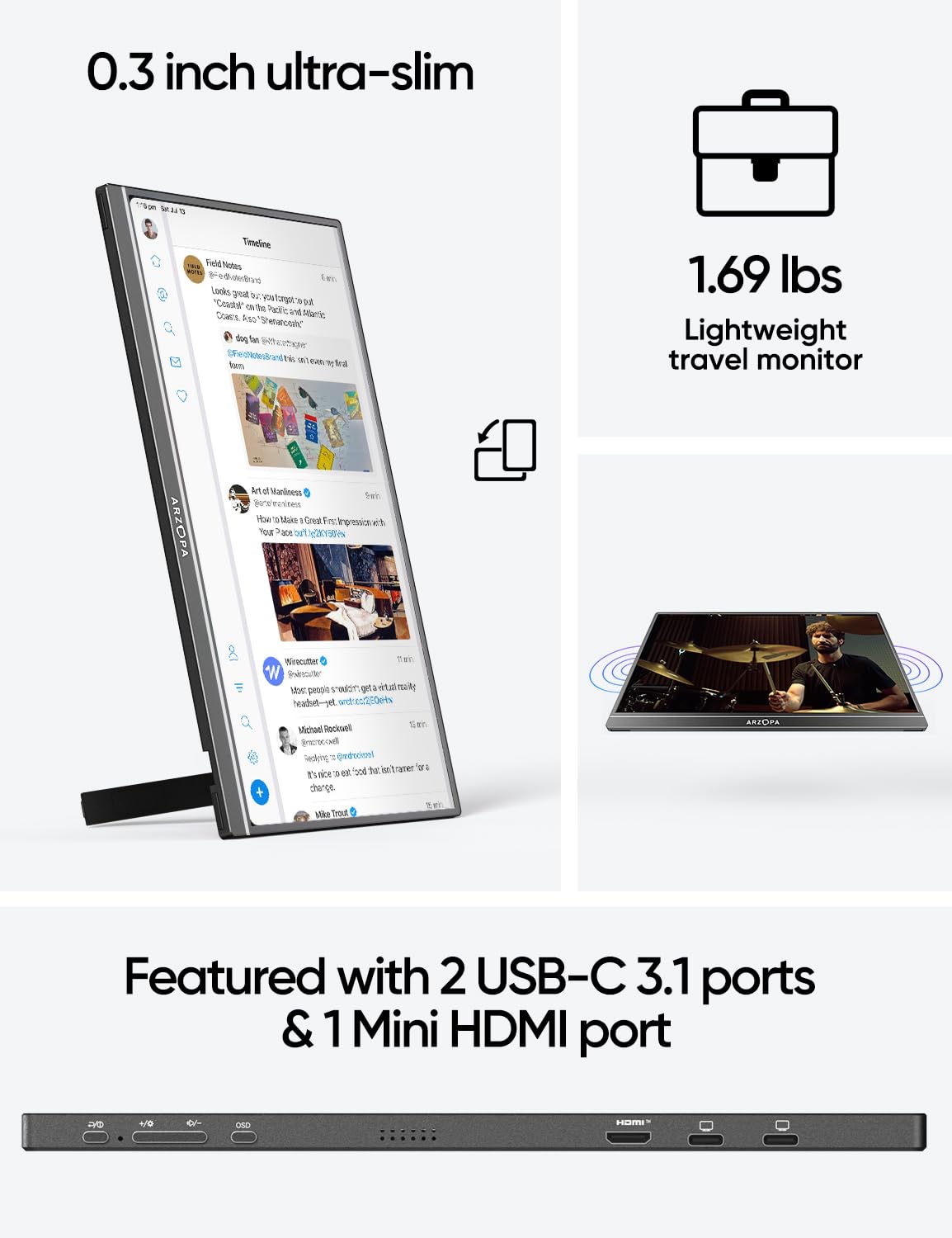 ARZOPA ultra-slim portable monitor for laptop with 2 USB-C 3.1 ports and 1 Mini HDMI port