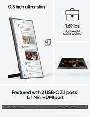 ARZOPA ultra-slim portable monitor for laptop with 2 USB-C 3.1 ports and 1 Mini HDMI port