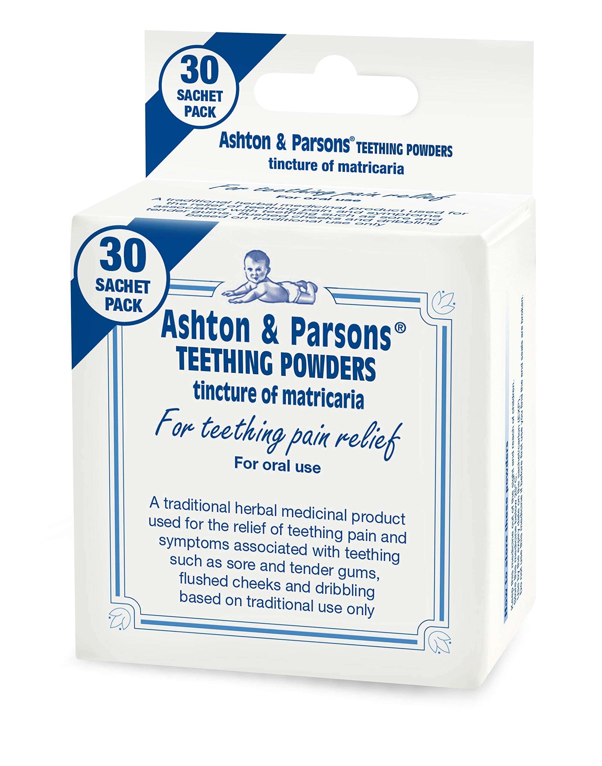 White and blue box of Ashton & Parsons teething powder 30 sachet pack for infant teething pain relief