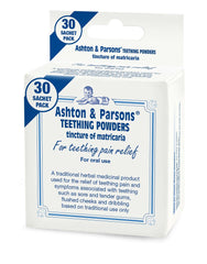 White and blue box of Ashton & Parsons teething powder 30 sachet pack for infant teething pain relief