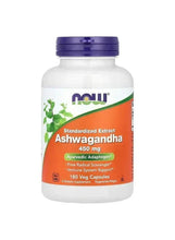 Ashwagandha extract supplement bottle, purple cap, 450 mg, 180 vegan capsules label
