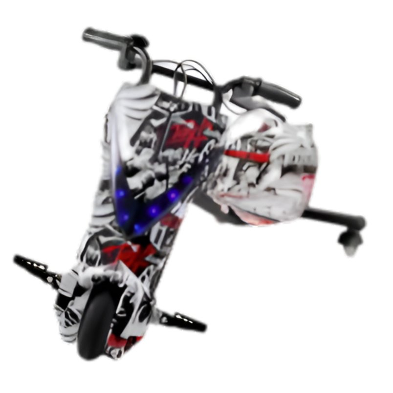 Aster Drifter 36V electric scooter with black and white graffiti design and blue LED lights