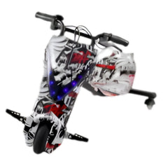 Aster Drifter 36V electric scooter with black and white graffiti design and blue LED lights
